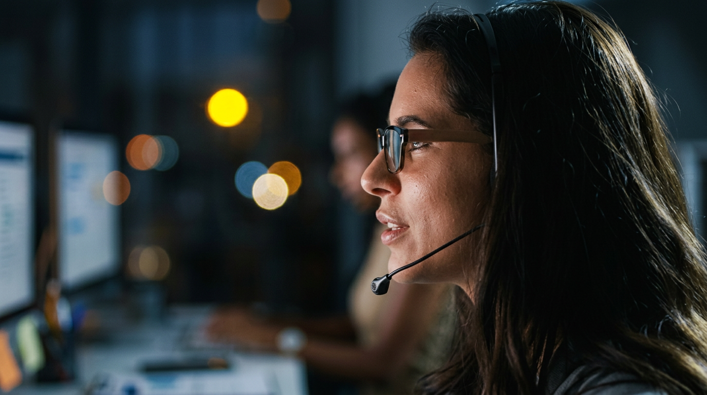 Support agent wearing a headset in a call center