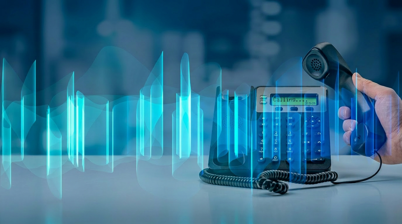 VoIP desk phone with glowing blue sound waves