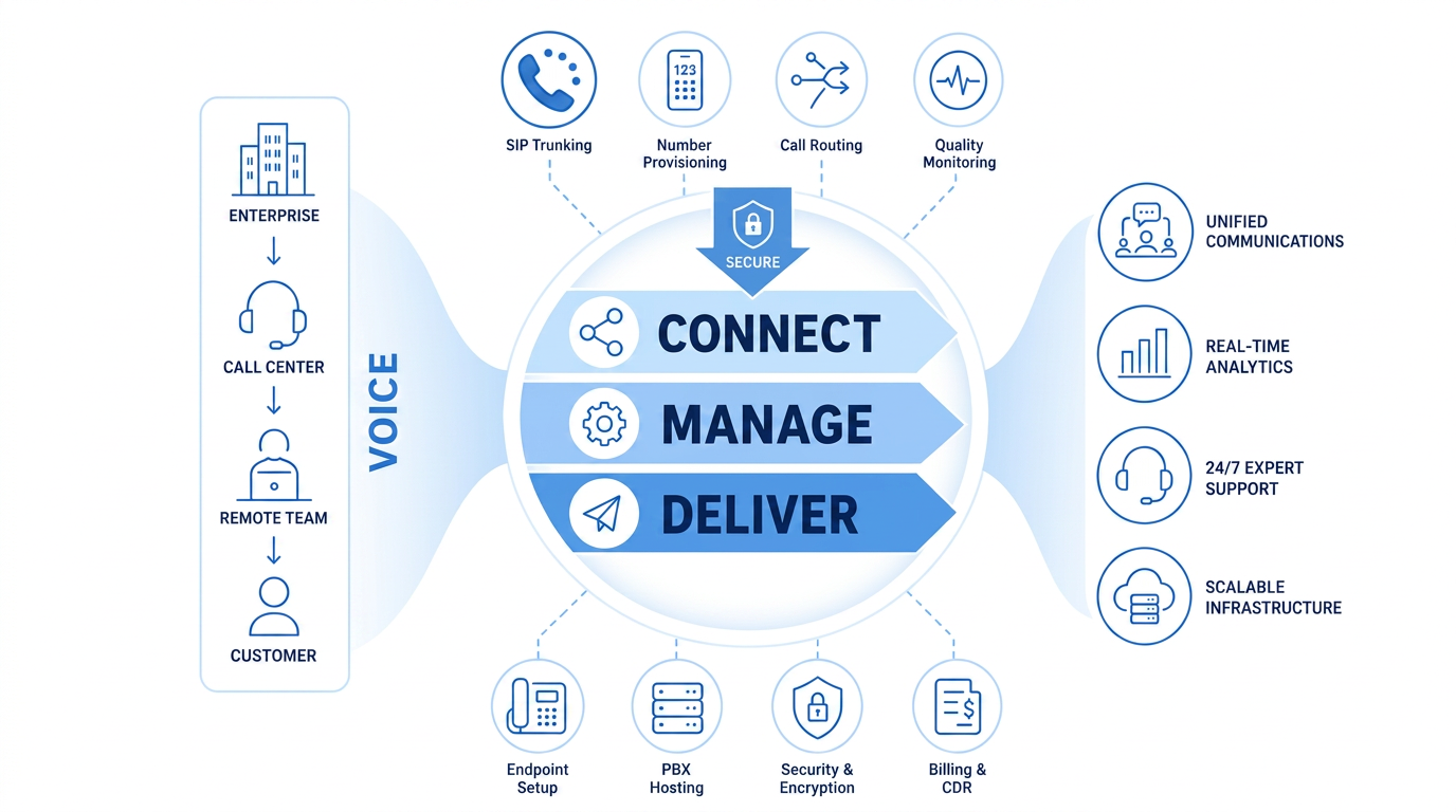 Typical VoIP Value Chain diagram showing enterprise inputs, connect/manage/deliver flow, and outcomes